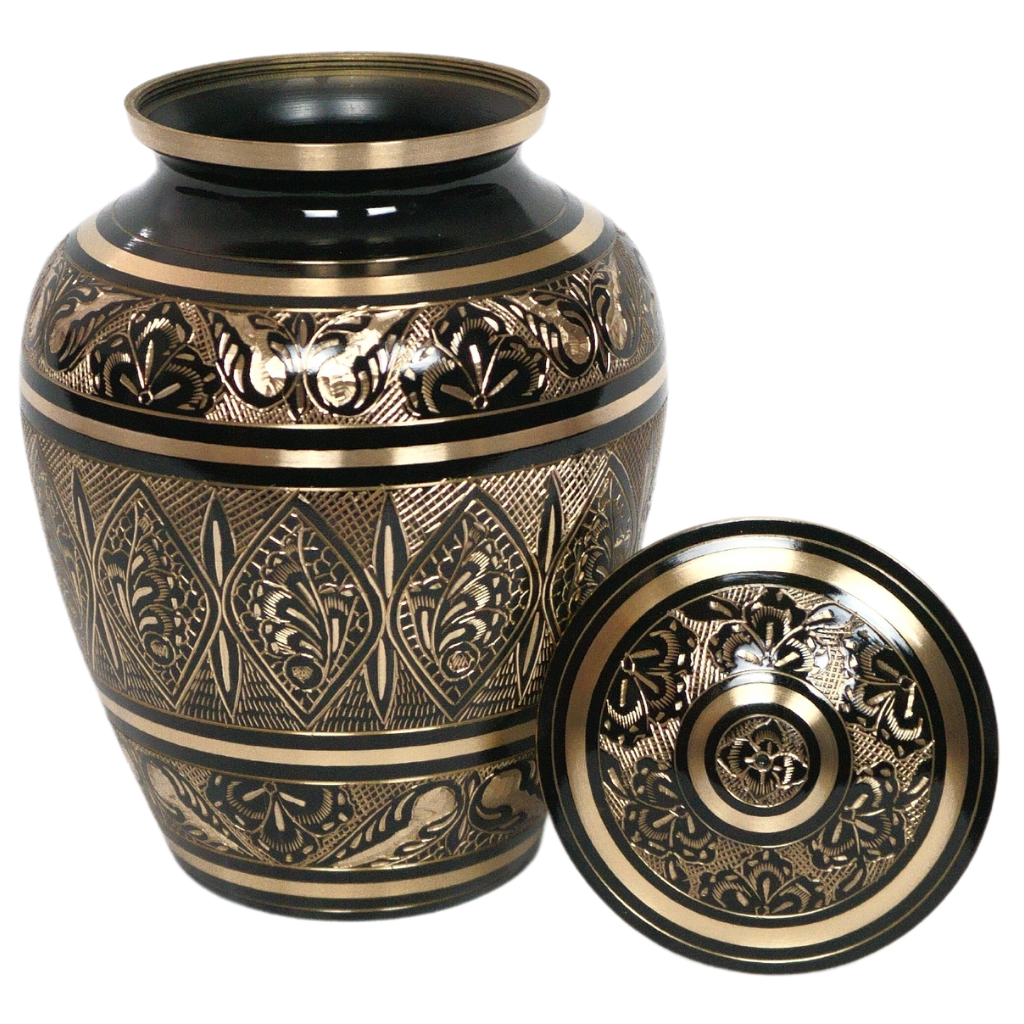 Brass urn with intricate butterfly details with lid off