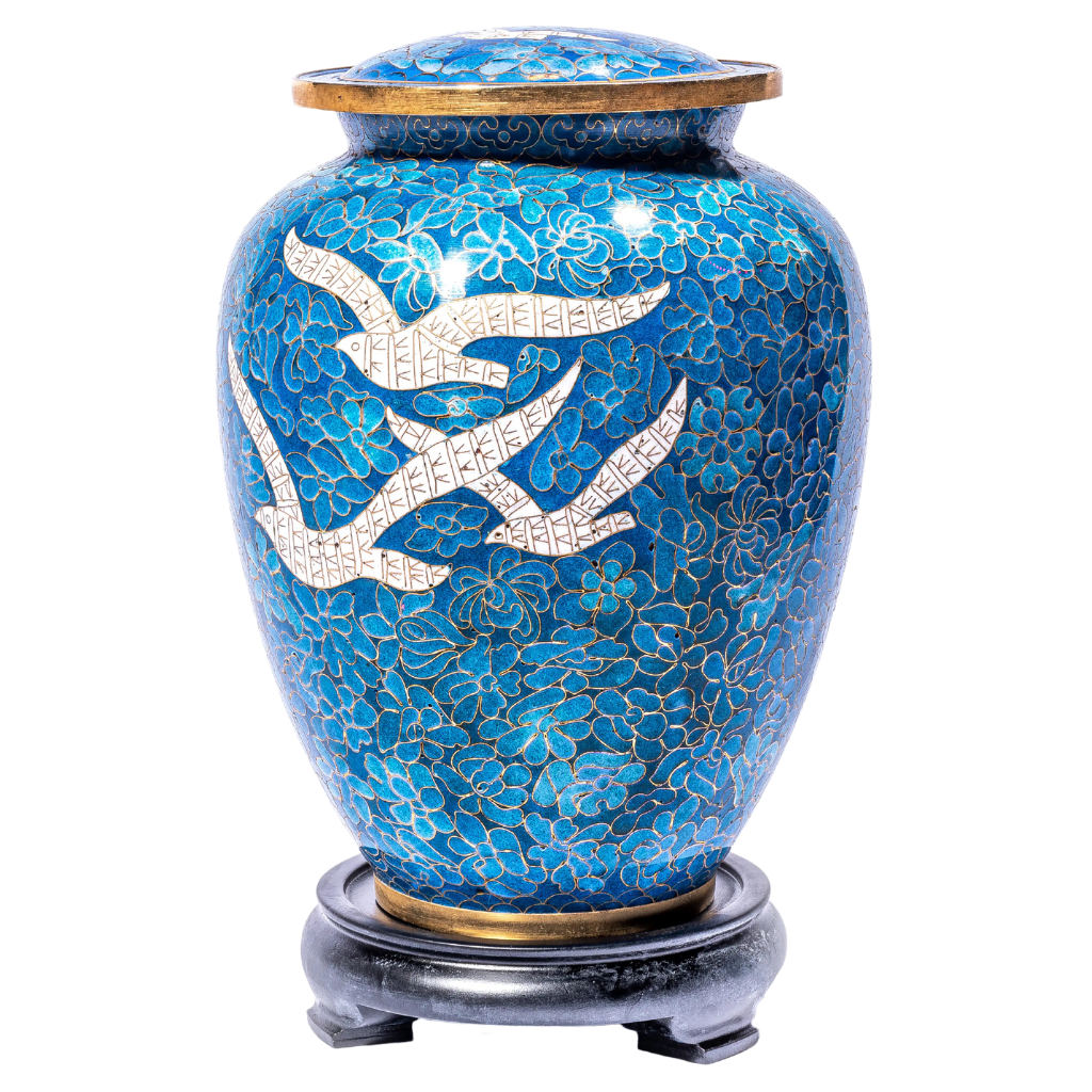 Celestial Cloisonné Urn With 3 White Flying Birds