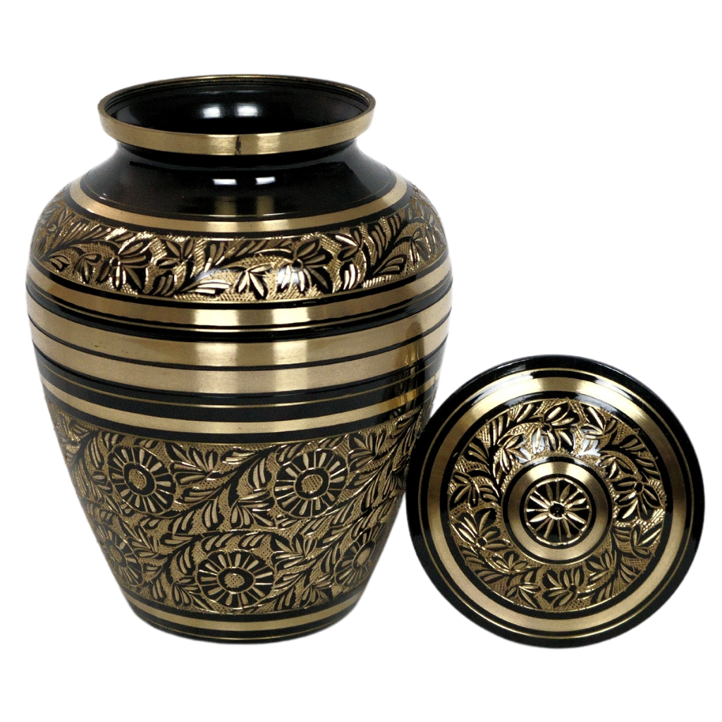 Black and gold brass urn with floral and nature patterns lid off