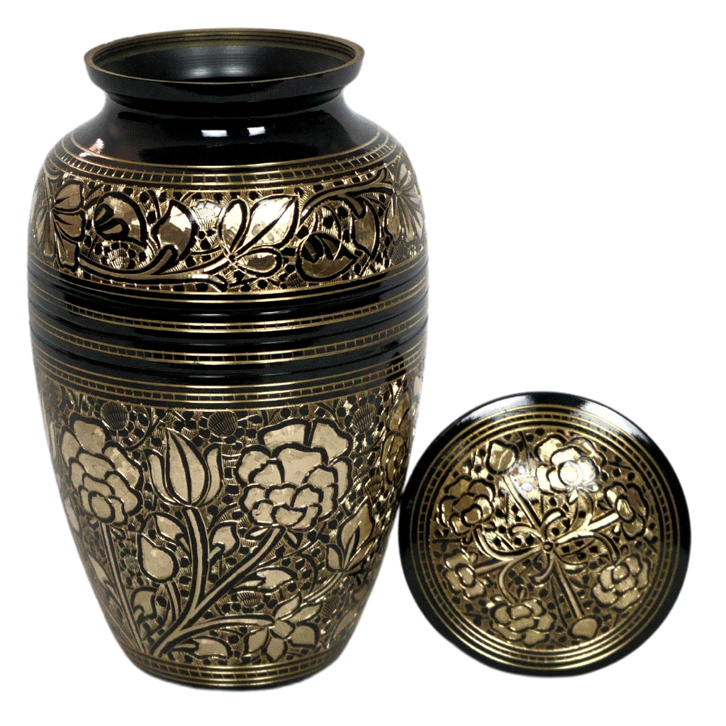 Black and gold brass urn with flower patterns lid off